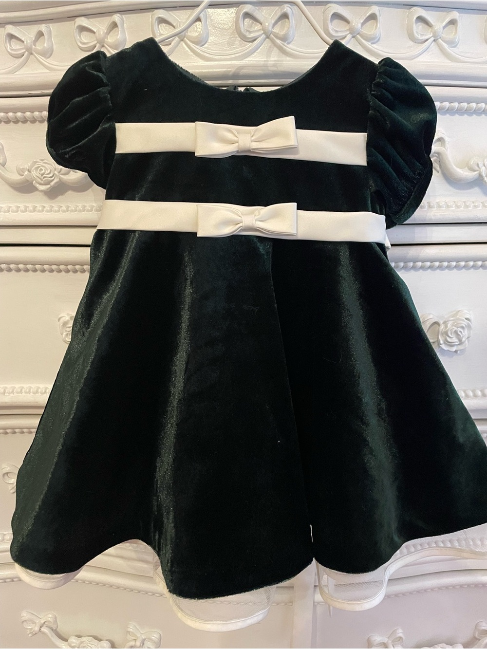 Bonnie Baby Dark Green Velvet Dress with White Bows 12 months
